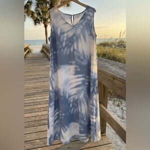 💙 J. Jill Love Linen Blue & White Tie-Dye Maxi Resort Dress w/ Pockets | Sz XL